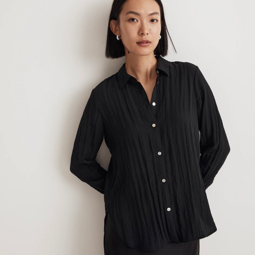 Black Top | XXS | Womens Black Blouse | Madewell Black Crinkled Button-Up Shirt